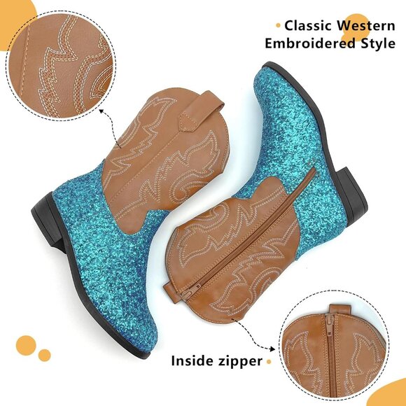 xinlanlin Kids Sequins Blue Embroidered Square Toe Mid Calf Glitter Western Boot - Picture 5 of 6